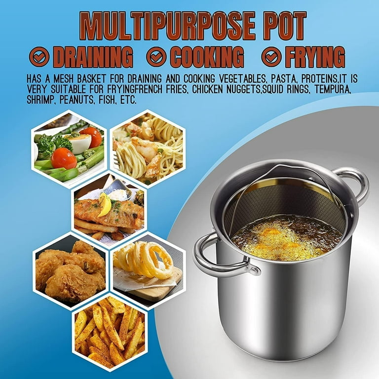Cook N Home Deep Fryer Pot, Japanese Tempura Small Stainless Steel Deep  Frying Pot, 304 Stainless Steel with Oil Drip Drainer Rack, Glass Lid, 6.3