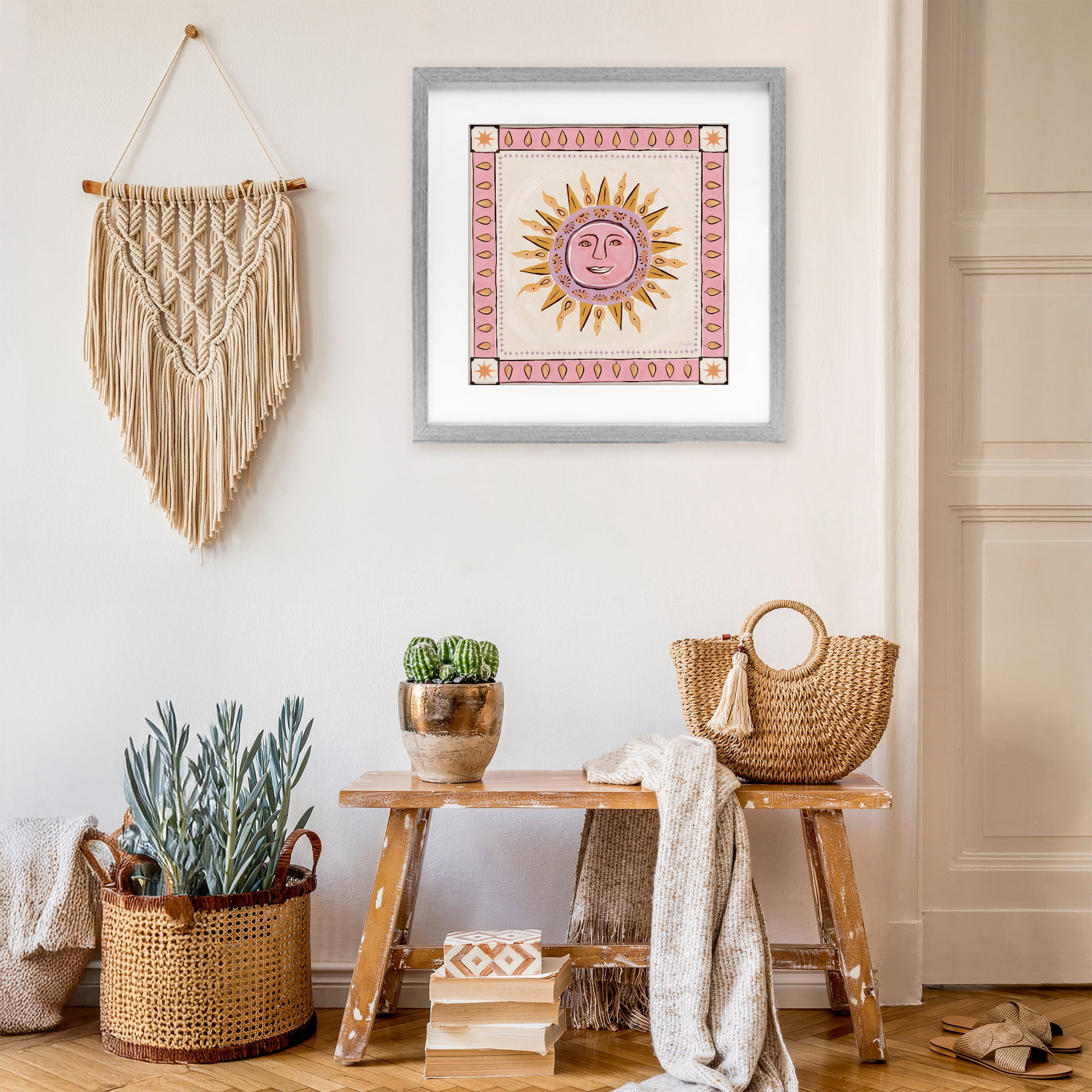 Stupell Industries Smiling Sun with Pink Border Gray Framed Print Under Glass, design by Two If By Sea Studios