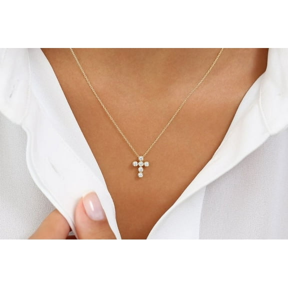 1Ct Round Cut Lab Created Diamond Tiny Bezel Cross 14K Yellow Gold Plated Silver