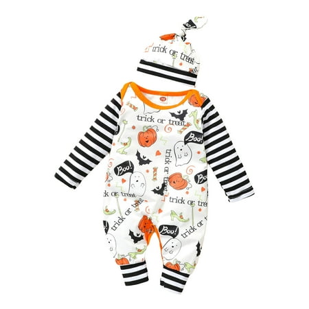

Canrulo Newborn Baby Boy Girl Halloween Outfit Long Sleeve Pumpkin Ghost Print Romper Hat 2Pcs Fall Clothes White 18-24 Months