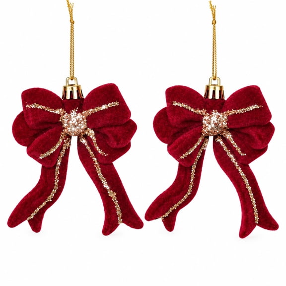 Burgundy Velvet Bow Christmas Tree Ornaments, Gold Glitter Xmas Decorations for Mantel Wreath Party, Shatterproof Holiday Hanging Decor, Red & Gold 2 Pcs
