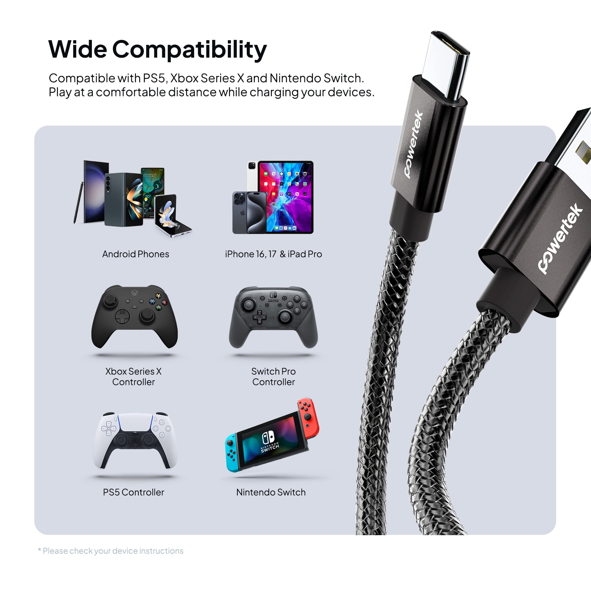Powertek Luxe 6ft USB-A to USB-C Cable, Gray, Fast Charge & Sync, Metallic Mesh PVC Jacket, Durable Tangle-Free Design