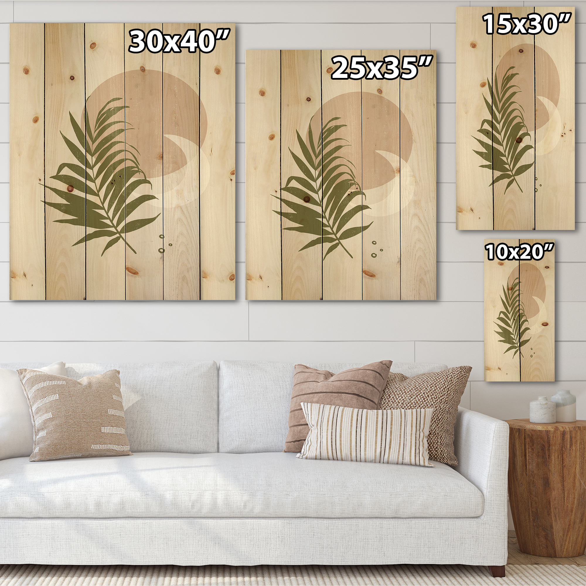 Designart 'Abstract Moon and Sun With Green Leaf II' Modern Print on Natural Pine Wood