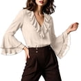 thumbnail image 3 of gbyLJF Women's Ruffle V Neck Chiffon Shirts Long Bell Sleeve Dressy Top Elegant Office Blouse Spring Fall Wear, 3 of 5