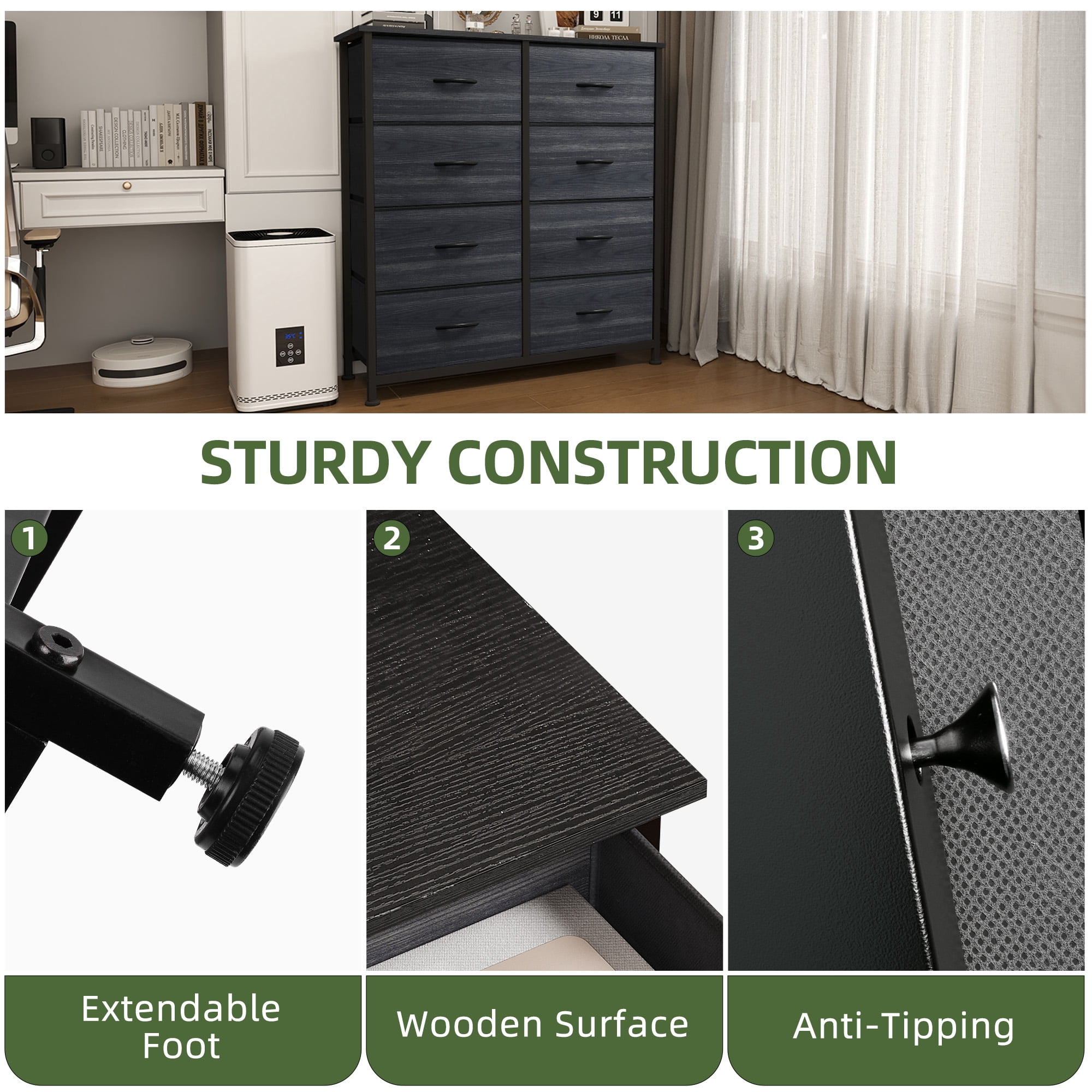 Uforic 8 Drawers Dresser Chest of Drawers for Fabric Storage Dressers for Living Room Charcoal Black Wood Grain