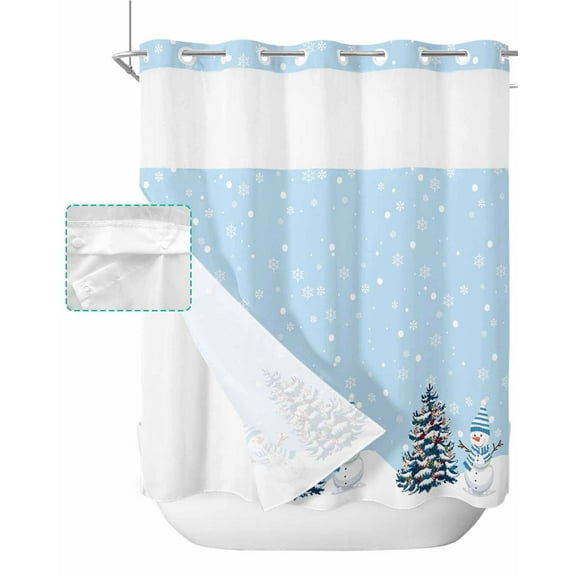 No Hook Shower Curtain with Snap in Liner, Christmas Snowman Xmas Tree Winter Snowflake Blue Hotel Shower Curtains for Bathroom, Washable Shower Curtain Liner Set with Mesh Top Window, 72"x72"