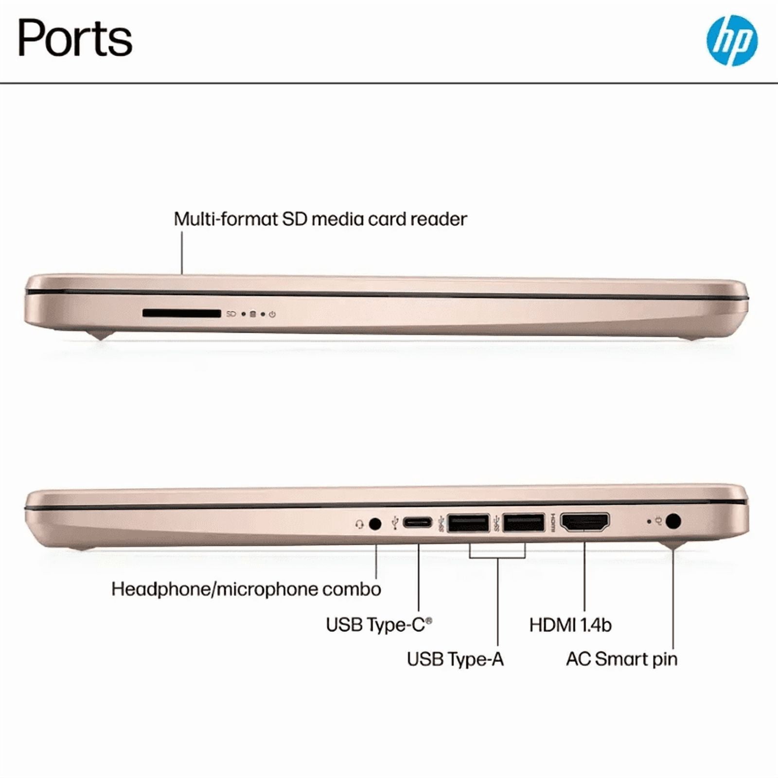 HP 14 Inch LED Laptop for Student & Business, 16GB RAM 640GB Storage (128GB UFS+512GB SD Card), Copilot Laptop with Windows 11, 1-Year Office 365, 4-core Intel Processor, NLY Earphones, Rose Gold