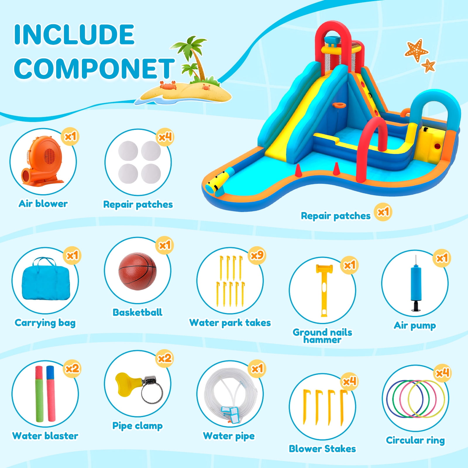 Patbrela Inflatable Water Slide Bounce House with Blower, 202x145x100inches, 12-in-1 Water Park with Extra Long Water Slide, Deep Pool, Basketball Hoop, Water Basin, Spray Door, Indoor/Outdoor