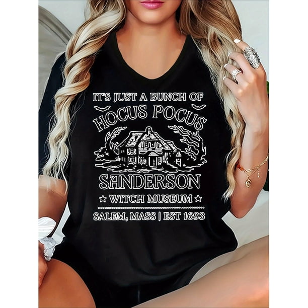 Halloween T-shirt - Women'S Casual T-Shirt - "it'S Just a Bunch of " Witch Museum Design, Short Sleeve, Cotton Fabric, Black with White Print, Perfect for Spring/Summer
