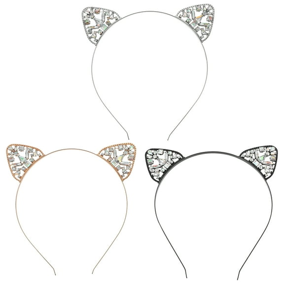 LOLIPPYY 3-Pack Cat Ear Headbands with Sparkling Crystal Rhinestones, Stylish Hair Accessories for Girls Teens and Kids