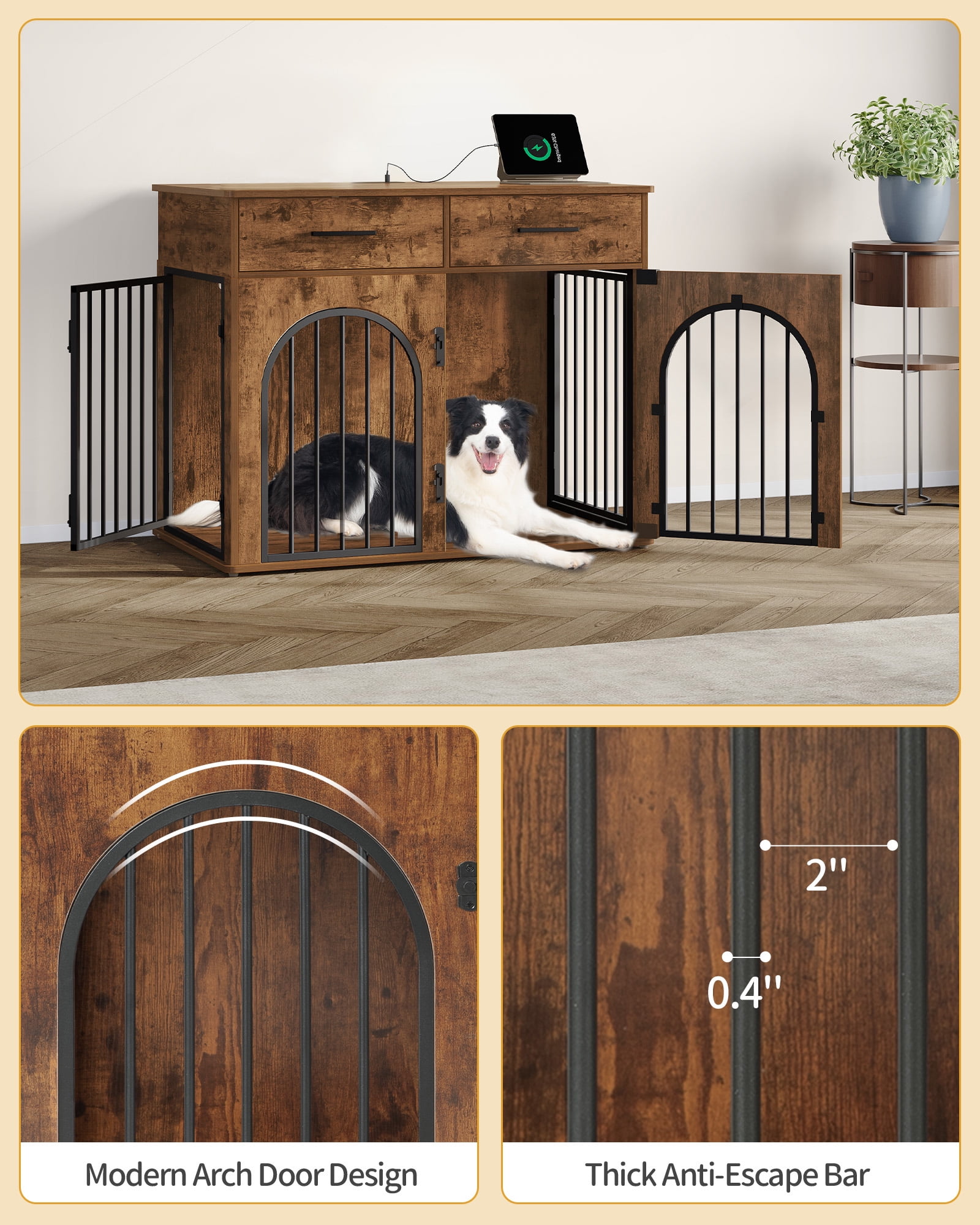 39.4"Wooden Dog Crate Furniture with 2 Drawers, Charging Station,for Medium/Large Dogs,Rustic Brown