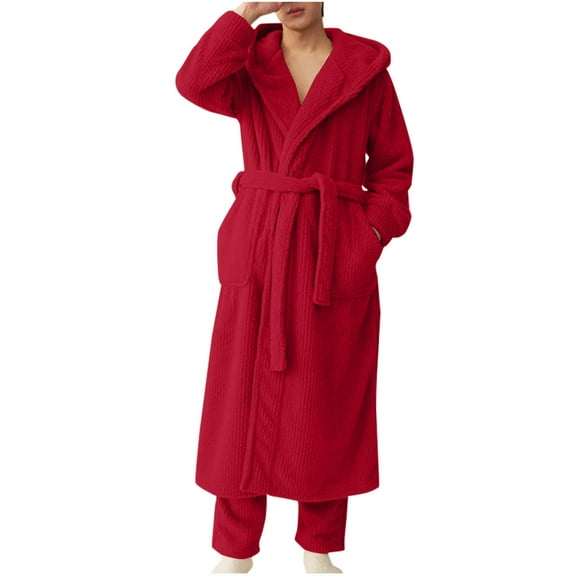 Htigea Hooded Robes for Men Winter Warm Fleece Bathrobe Soft Comfy Long Nightgown Belted Spa Shower Robe with Pocket Red,L