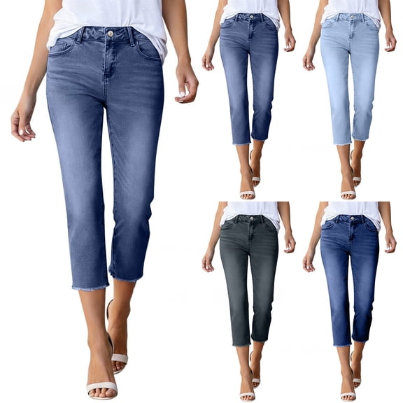 Women's High Waisted Straight Leg Cropped Jeans Casual Trendy Summer Denim