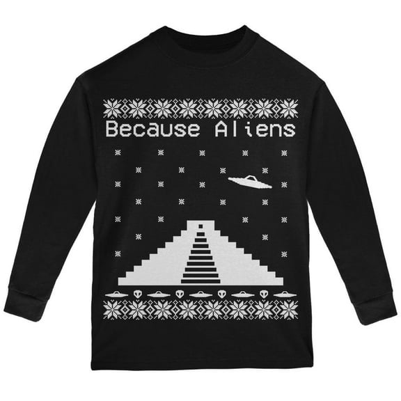 Because Aliens Pyramid Ugly XMAS Sweater Black Youth Long Sleeve T-Shirt - Youth Small