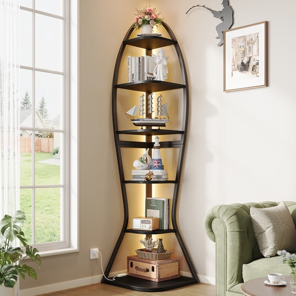 Vividwood Artistic Fish-Inspired Corner Shelf with LED Lights, 6-Tier Tall Corner Bookshelf with Multi-Depth Display, Vividwood Space-Saving Storage Unit with Remote Control for Bedroom & Living Room