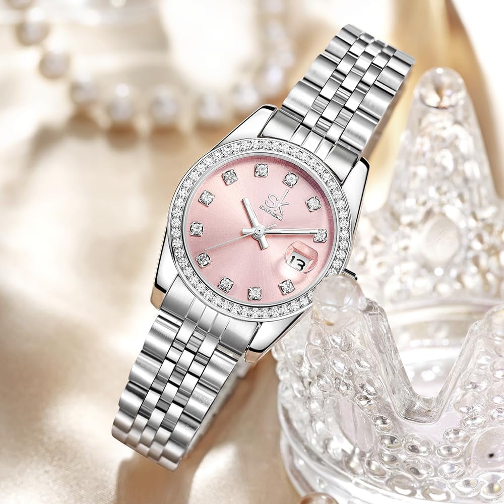 Women's Crystal Accented with Solid Alloy Steel Band Watch Elegant Dress Quartz Calendar Watches for Women