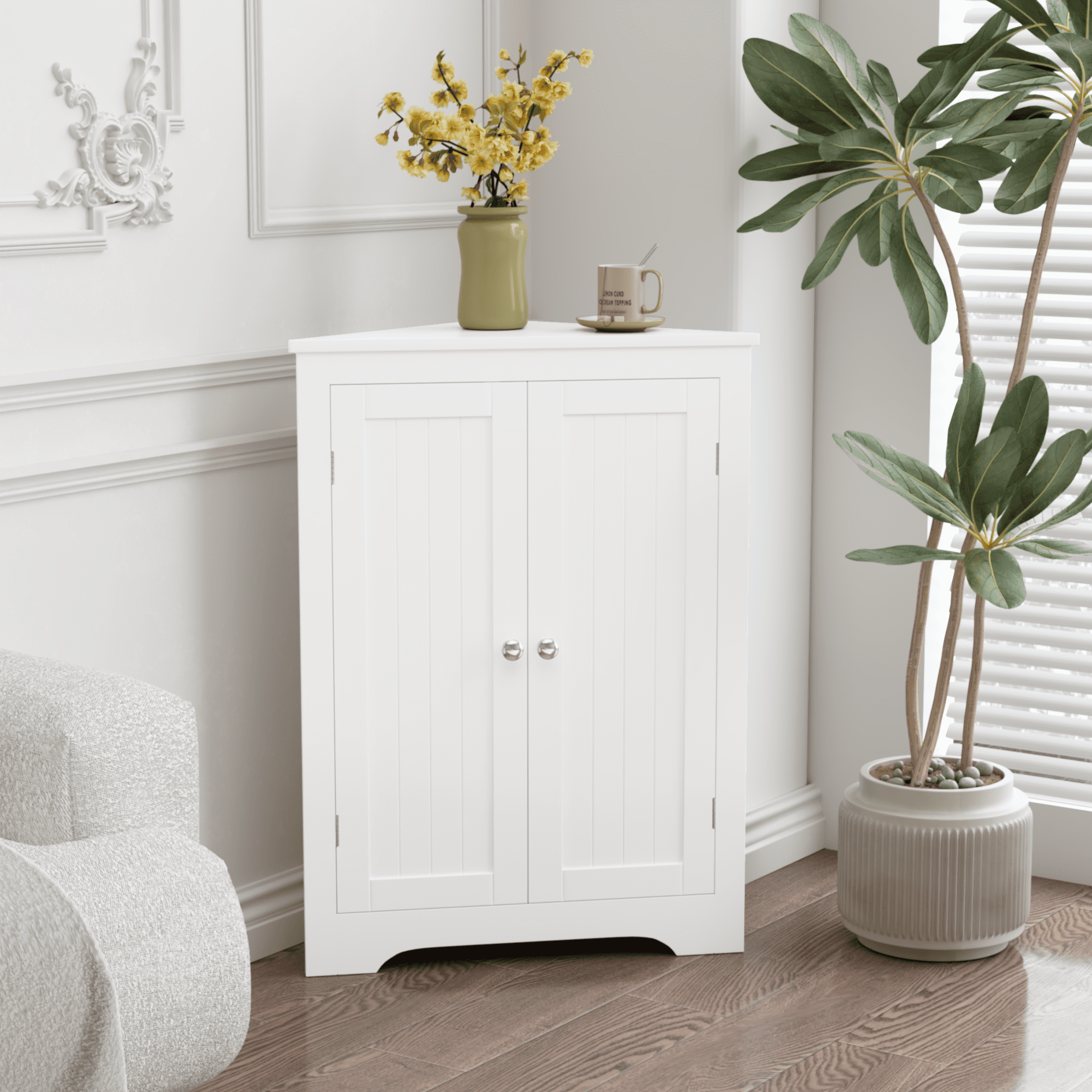 Euroco White Corner Storage Cabinet with Doors and Adjustable Shelf, Freestanding Floor Cabinet for Bathroom, Living Room, or Entryway