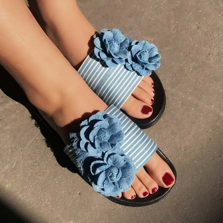 

Dpityserensio Women s Summer Fashion Craftsmanship Cow Cloth Shoes One-word Flower Slippers Summer Sandals for Women Dressy Light Blue 6.5(38)
