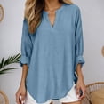 thumbnail image 2 of Wang6 Women's Oversized Long Sleeve T Shirts Causal V Neck Button Summer Tunic Tops Loose Fit Solid Long Tees Shirts Blue M, 2 of 5