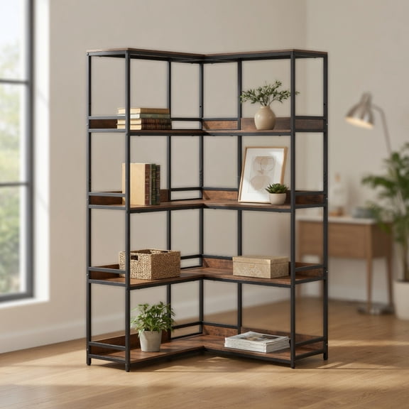 Spaco 5-Tier L-Shaped Corner Bookshelf - Metal Frame Raised Edges, Etagere Organizer, Rustic Brown