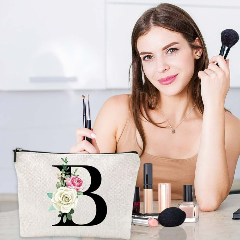 Hwkond Cosmetic Bag Initial Personalized Floral Makeup Bag
