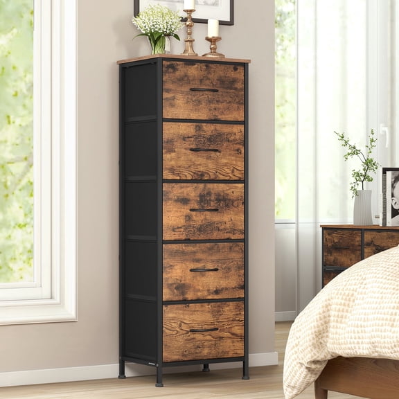 5-Drawer Fabric Dresser with Steel Frame, 66 lb Top Load Storage Organizer for Bedroom Closet, Rustic Brown and Black