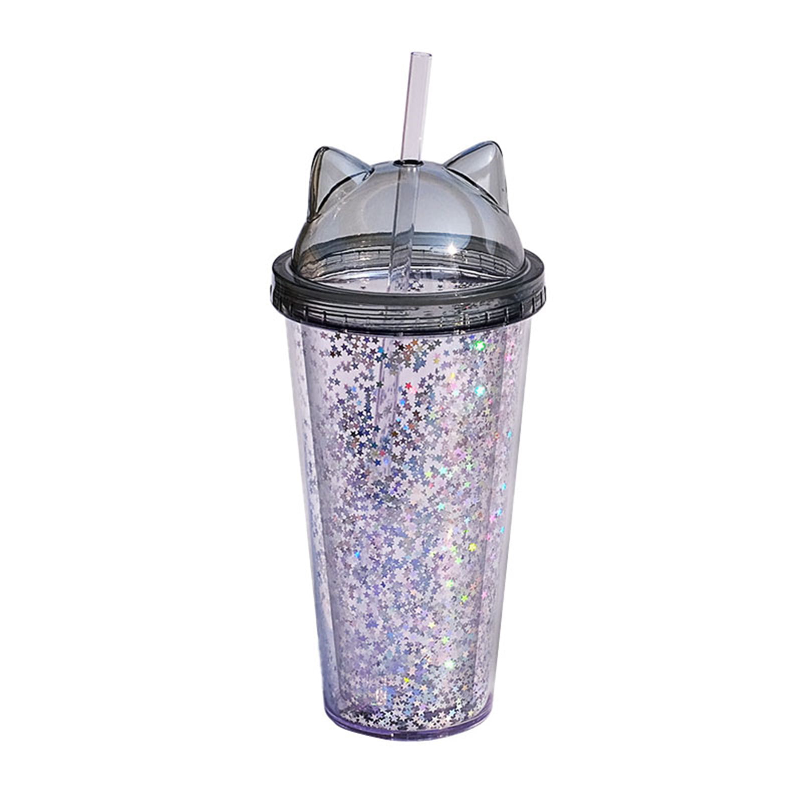 Visland Drinking Cup, Cool Astronaut Design Glitter Double Walled Cup with Lid and Straw - Reusable BPA Free Drinking Tumbler Cup for Summer Party and