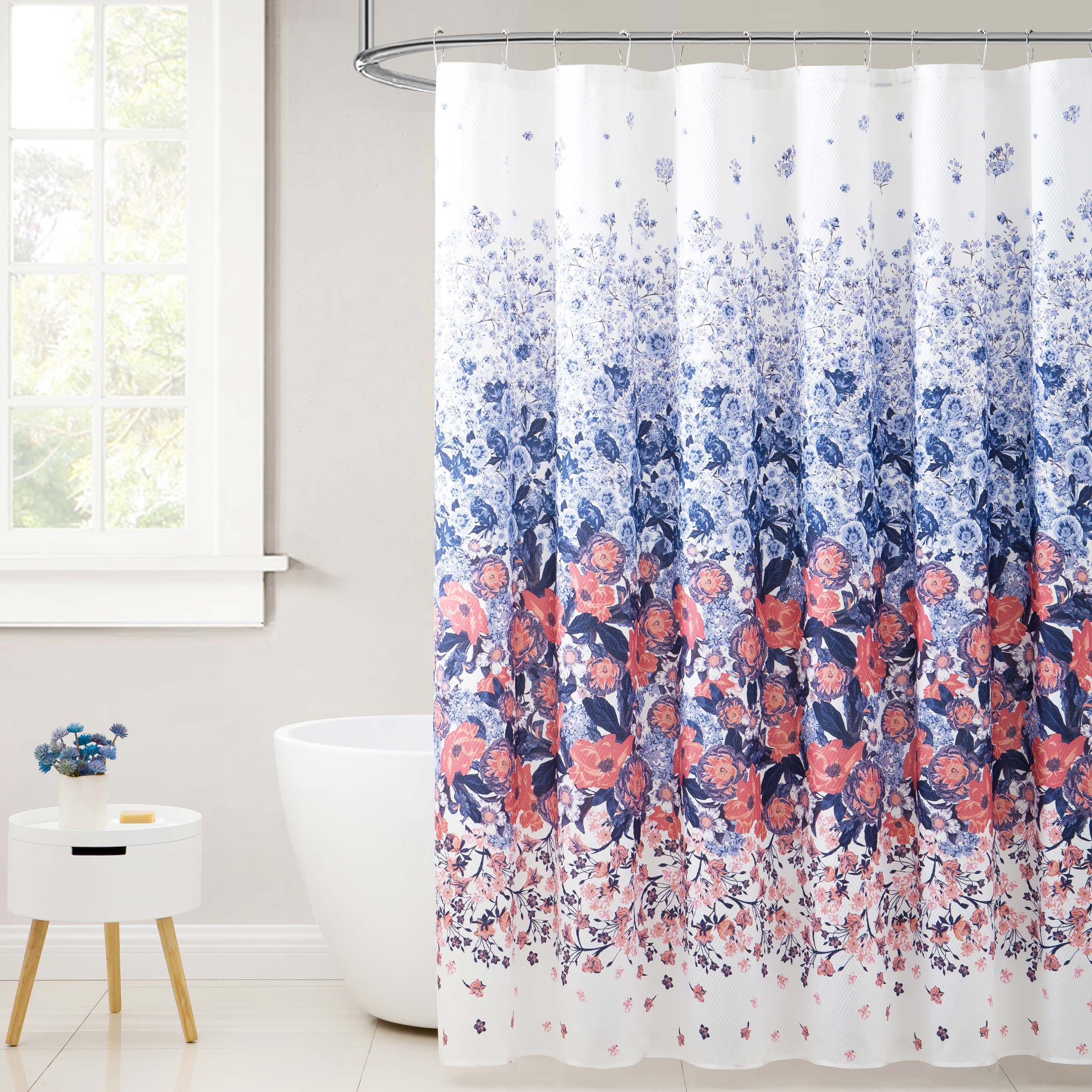 Fabric Shower Curtain for Bathroom White with Navy and Orange Coral ...