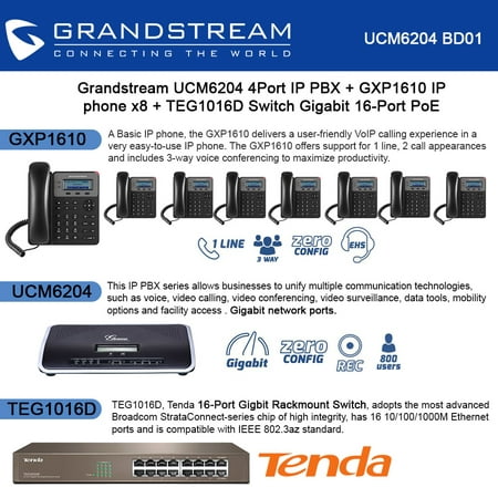 Grandstream UCM6204 4Port IP PBX + GXP1610 IP phone x8 + Switch 16-Port (Best 16 Port Managed Switch)