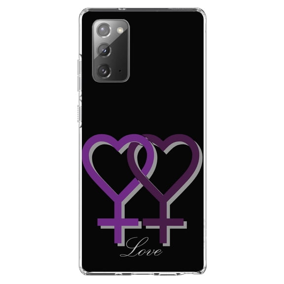 DistinctInk Clear Shockproof Hybrid Case for Samsung Galaxy Note 20 (6.7" Screen) - TPU Bumper, Acrylic Back, Tempered Glass Screen Protector - Lesbian Purple Symbols Love - LGBTQ Support