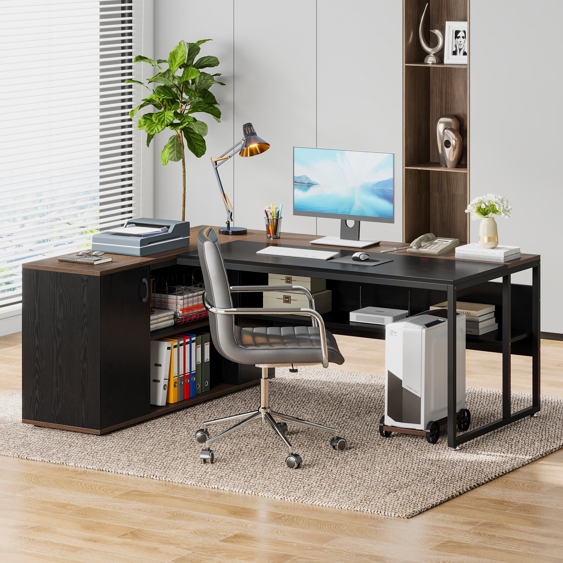 71-Inch L-Shaped Executive Desk, Large Office Desk with Shelves and Cabinet, Brown and Black