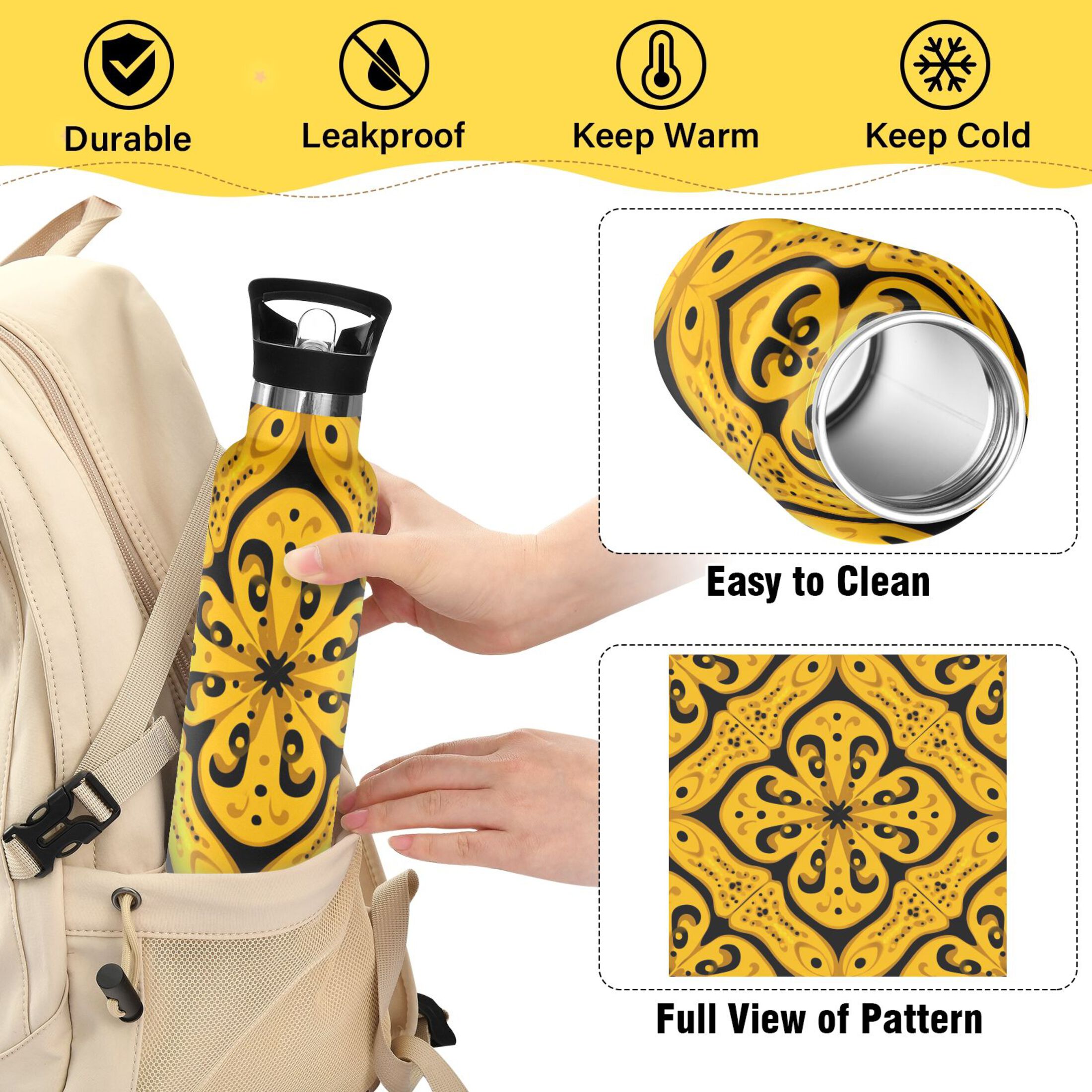 600ML Stainless Steel Insulated Cup Sports Water Bottle Portable Thermos Cup Water Glasses Insulated Tumblers Convenient and Durable Yellow
