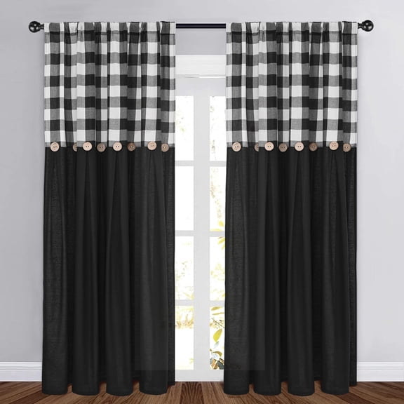 Alishomtll Farmhouse Buffalo Plaid Button Curtains and Drapes 84 Length Black and White Country Curtains for Living Room,2 Panels