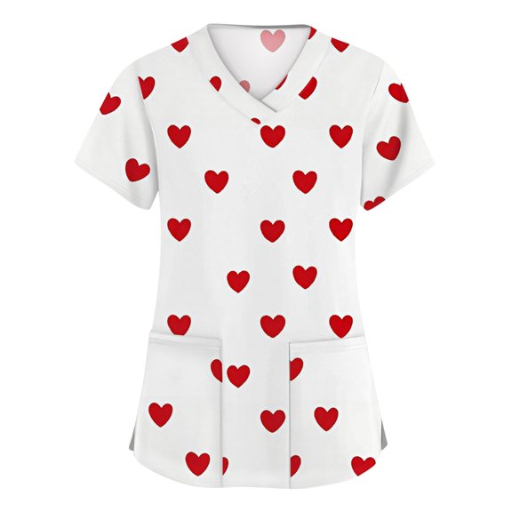 Dwralegc Women's Valentines Printed Scrub Tops Oversized Plus Size T Shirts with 2 Pockets Short Sleeve Heart Pattern V Neck Nursing Uniform Stretch White 4XL