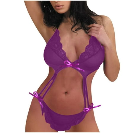 Clearance!Uooqdmx Bodysuits for Women Lace Underwear Bra Straps and Set Panty Corset Purple XL