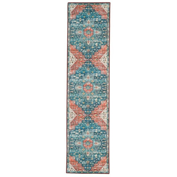 Linon Washable Langley Polyester 2'x8' Rug in Teal Blue