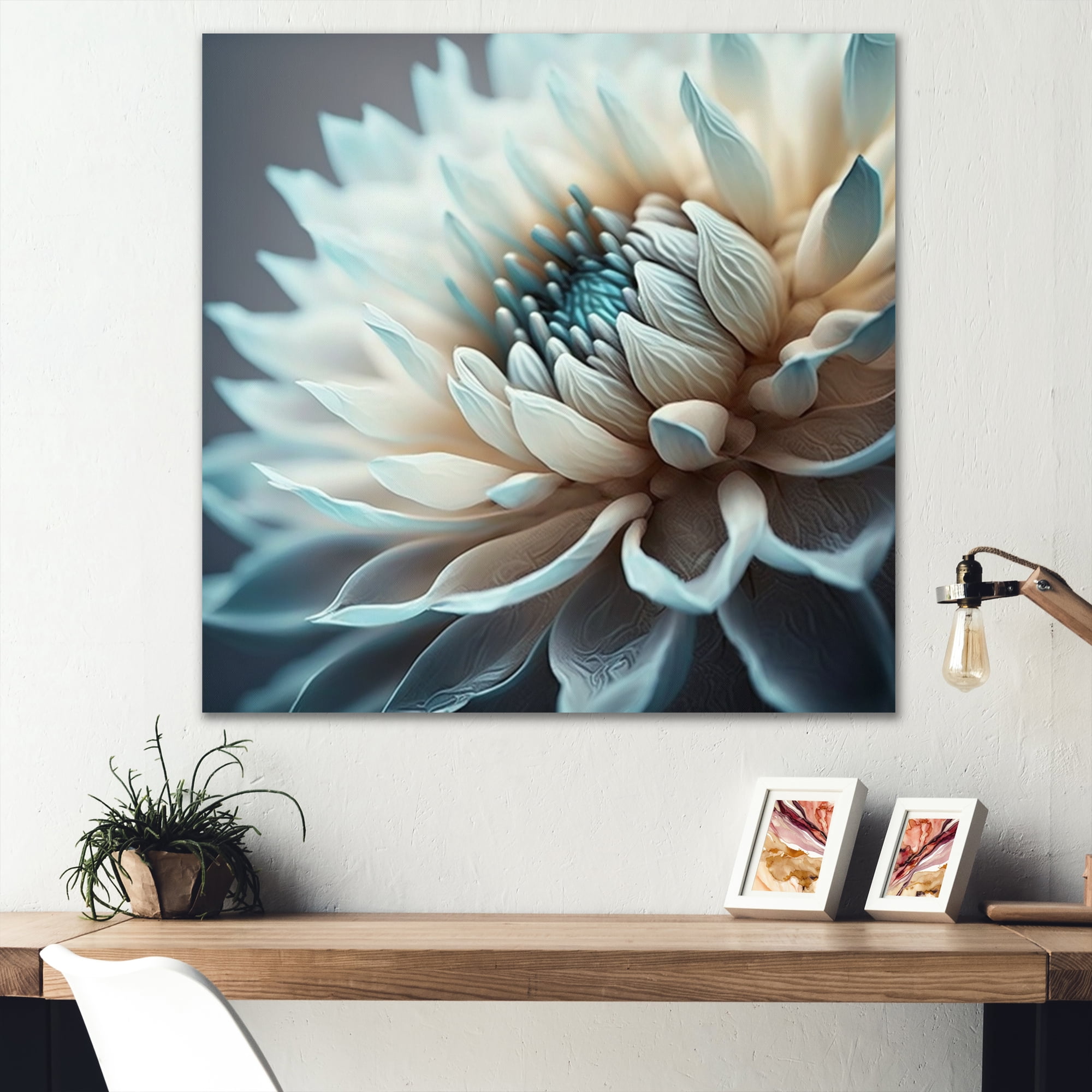 Designart Dahlia Flowers Blue And White III Canvas Wall Art