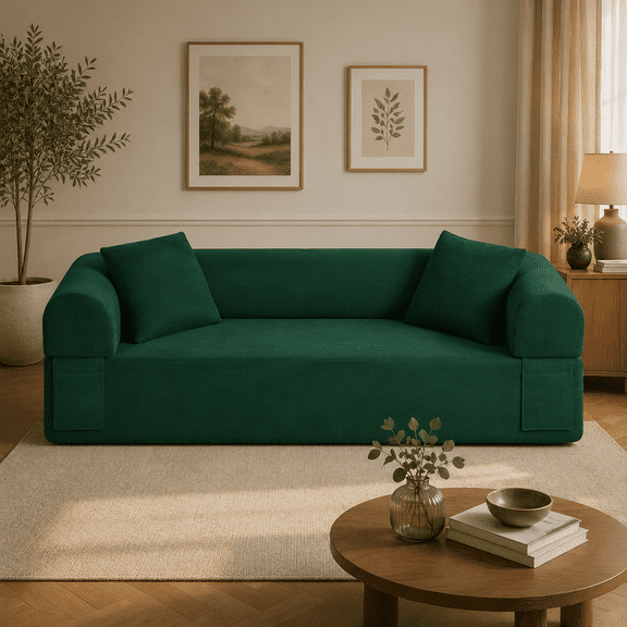 Boneless Couch 3 Seater Convertible Cloud Sofa Couch with Removable Backrest, Corduroy Sofa Couch with Deep Seat and 2 Pillows for Living Room, Office, Apartment, Gray No Assembly Needed, Green