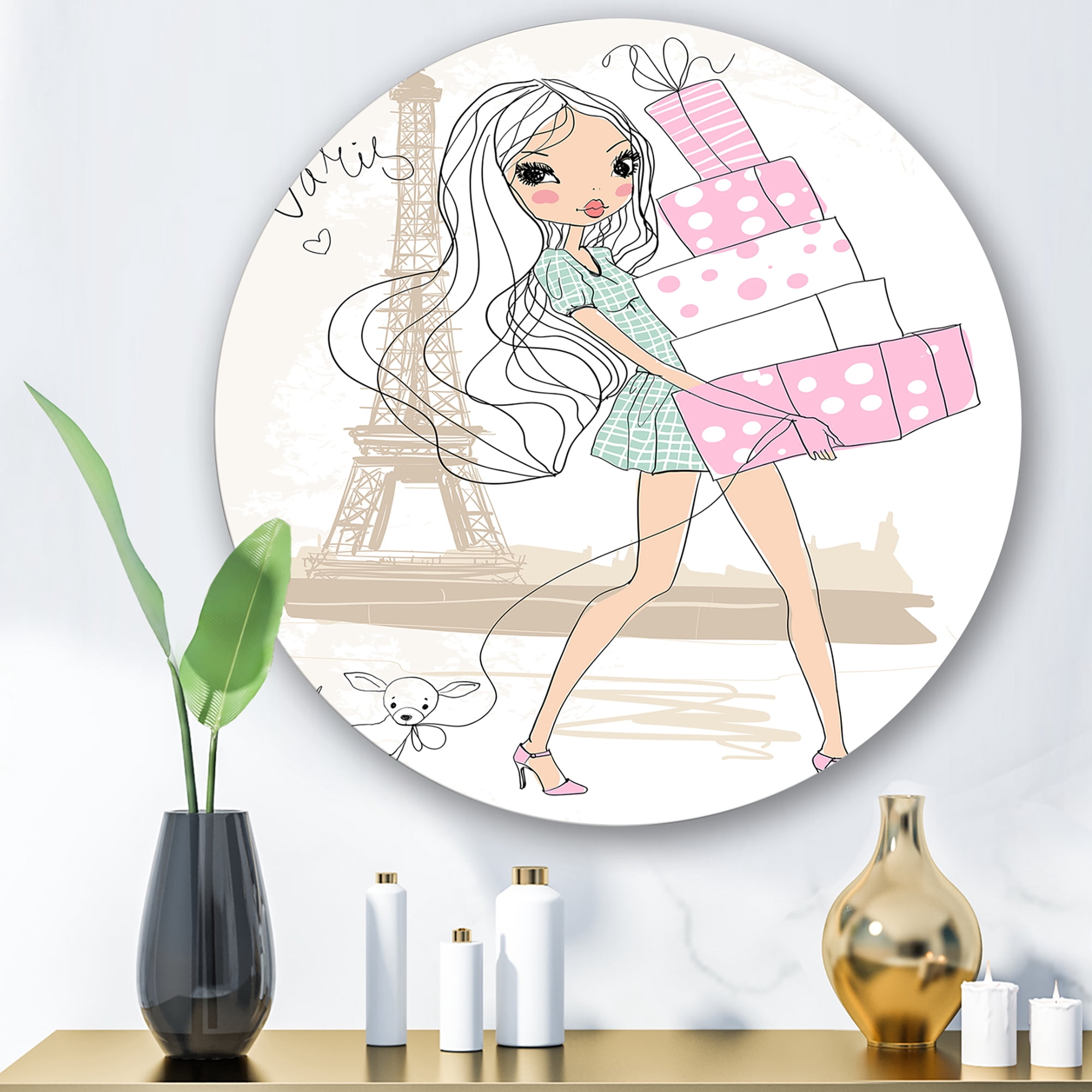 Designart 'Young Woman With Shopping Boxes In Paris' Shabby Chic Circle Metal Wall Art 23x23 - Disc of 23