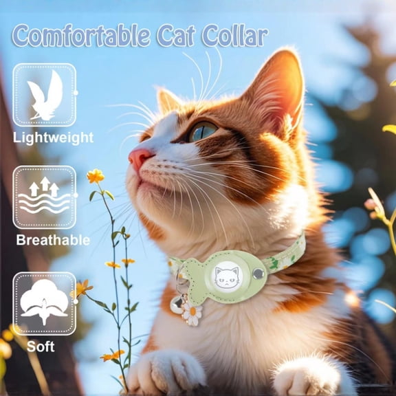 Breakaway Cat Collar for Airtag, Breakaway GPS Tracker Kitten Collar with Airtag Holder and Bells, 7-12 in Adjustable Buckle Kitten Collars with Bells & Flower Pendants for Small Pet Green