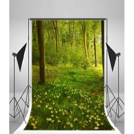 Image of HelloDecor 5x7ft Photography Forest Backdrop Green Trees Grass Land Wild Flowers Children Baby Kids Portraits Video Studio Props