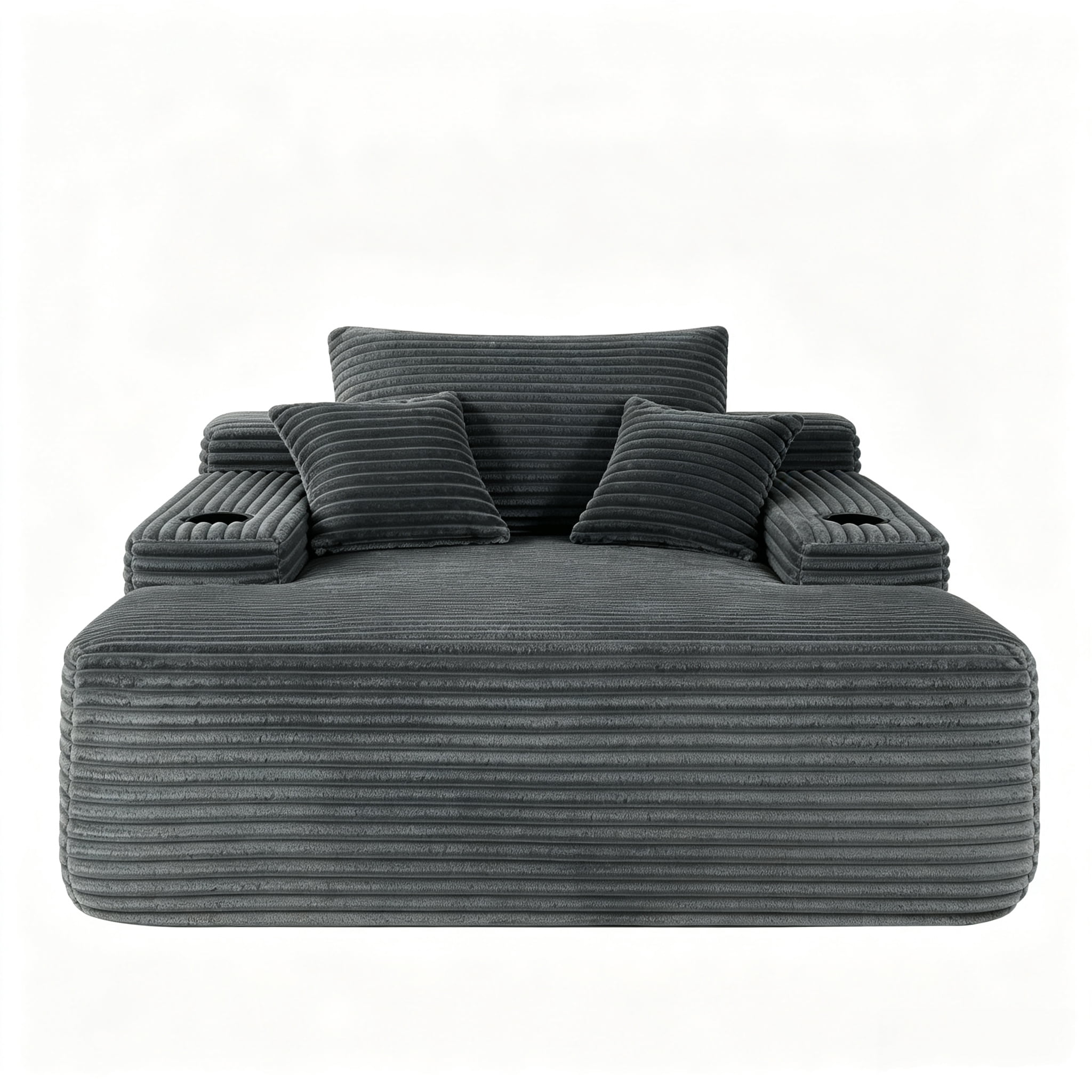 ShiKeyi 65'' Oversized Chaise Lounge Chair Indoor, Boneless Sofa Cloud, Plush Corduroy Chaise Couch with Cup Holders, Side Storage Pocket & Pillows, No Assembly Required, Gray