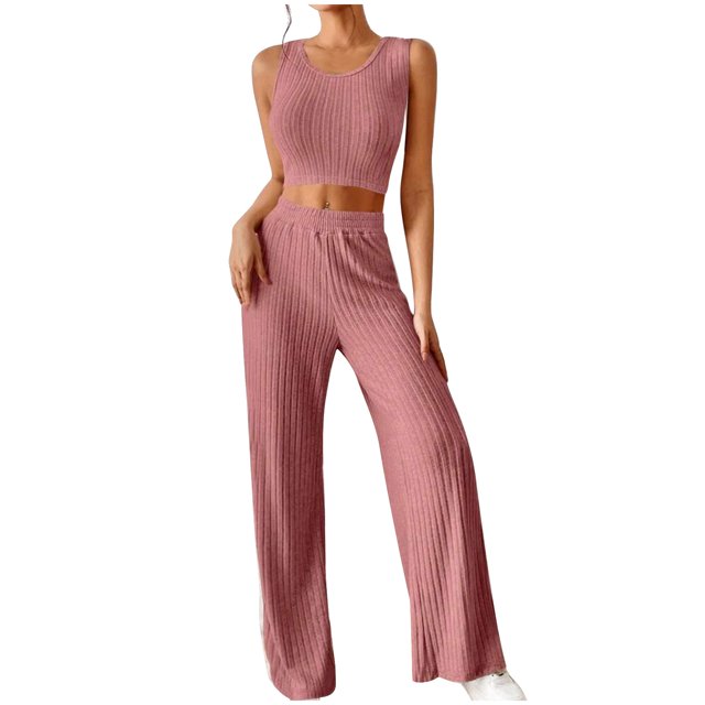 AherBiu Pajamas Sets for Women Ribble Knit Tank Tops High Waisted Pants Loungewear 2 Piece Outfits