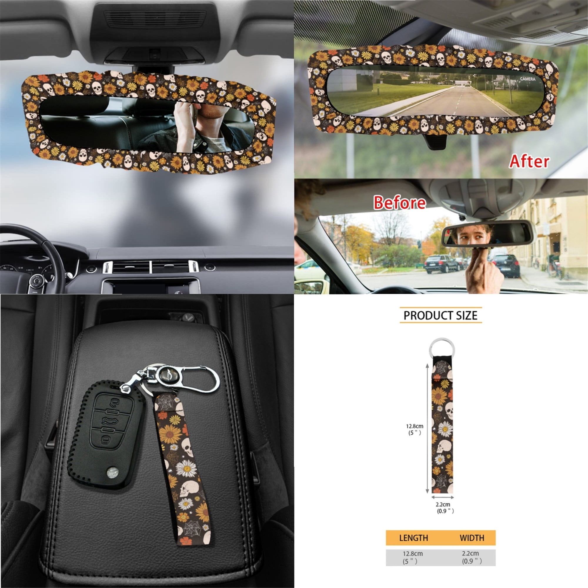 Yuyamidu Skull Car Seat Covers Full Set Daisy Auto Steering Wheel Cover Sunflower Seat Belt Pads Coasters Trash Bin Hanging Storage Bag Cup Holders Rearview Mirror Cover Key Ring 15 PCS