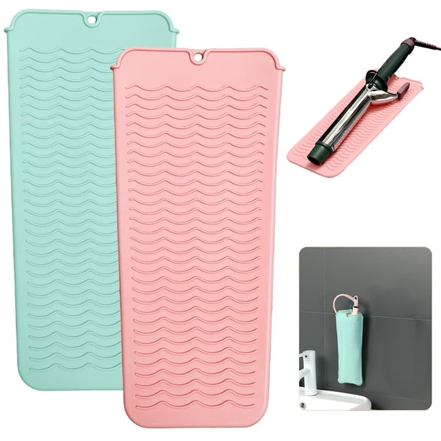 2 alfombrillas de silicona resistentes al calor con orificio para colgar, alfombrilla de viaje resistente al calor para planchas de pelo y otros utensilios de peinado calientes, 28 x 13 cm, rosa y ver