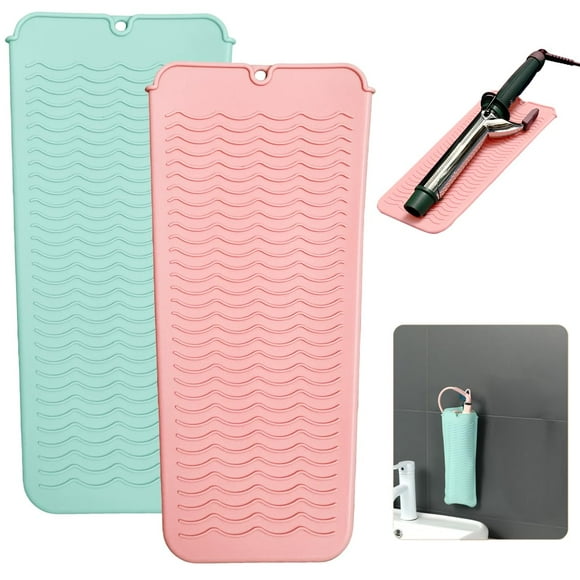 2 alfombrillas de silicona resistentes al calor con orificio para colgar, alfombrilla de viaje resistente al calor para planchas de pelo y otros utensilios de peinado calientes, 28 x 13 cm, rosa y ver