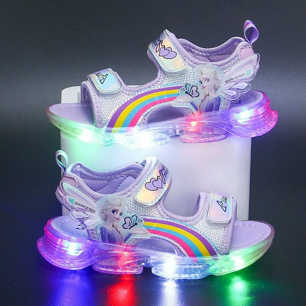 Zapatos de verano para niños de Disney, sandalias con punta de malla para niñas elsa, zapatos de playa a la moda, sandalias con luz led de fondo suave de princesa congelada, plantilla de 19,2 CM Gao Jinjia LED