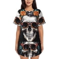 thumbnail image 1 of Balery Flower Horn Skull A Conjunto de Pijama para Mujer con Estampado, Dos Piezas de Manga Corta y Shorts, Ropa de Dormir Suave con Cuello Redondo y Bolsillos-Medium, 1 of 6