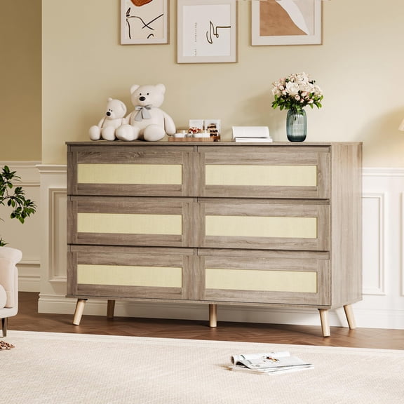 Modern Rattan 6 Drawer Dresser for Bedroom, Wooden Chest of Drawers with Storage, Clothes Organizer Cabinet for Nursery, Living Room, Entryway, Natural Finish