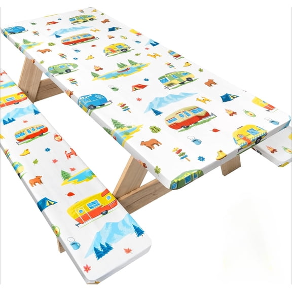 72 X 30 Inch Elastic Fitted Camping Tablecloth & Bench Covers , Picnic Tablecloth, Fits 6ft Picnic Tables,Washable & Reusable, Spill Resistant, Waterproof – Cute Campers